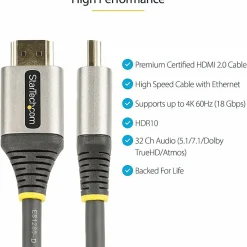 StarTech.com 6ft (2m) Premium Certified HDMI 2.0 Cable, High Speed Ultra HD 4K 60Hz HDMI Cable with Ethernet, HDR10, UHD HDMI Monitor Cord - HDMMV2M