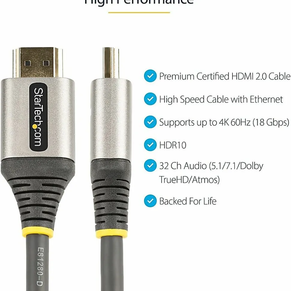 StarTech.com 6ft (2m) Premium Certified HDMI 2.0 Cable, High Speed Ultra HD 4K 60Hz HDMI Cable with Ethernet, HDR10, UHD HDMI Monitor Cord - HDMMV2M