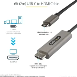 StarTech.com 6ft (2m) USB C to HDMI Cable 4K 60Hz with HDR10, Ultra HD USB Type-C to HDMI 2.0b Video Adapter Cable, DP 1.4 Alt Mode HBR3