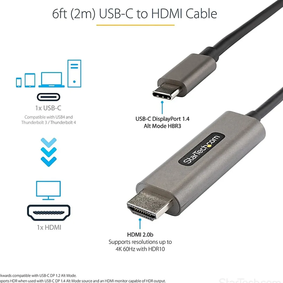 StarTech.com 6ft (2m) USB C to HDMI Cable 4K 60Hz with HDR10, Ultra HD USB Type-C to HDMI 2.0b Video Adapter Cable, DP 1.4 Alt Mode HBR3