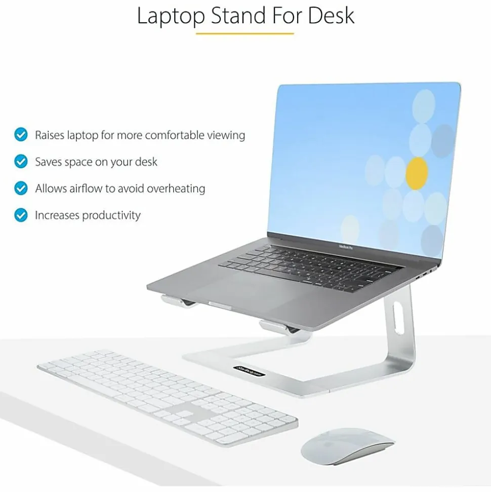 StarTech.com Laptop Stand for Desk, Supports 5kg / 11lb, Aluminum, Silver, Ergonomic Laptop Riser, Portable Laptop Holder for Desk