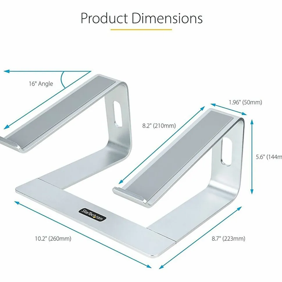 StarTech.com Laptop Stand for Desk, Supports 5kg / 11lb, Aluminum, Silver, Ergonomic Laptop Riser, Portable Laptop Holder for Desk
