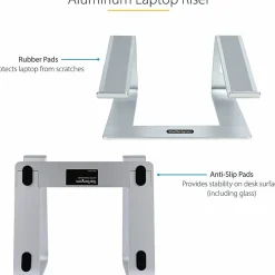 StarTech.com Laptop Stand for Desk, Supports 5kg / 11lb, Aluminum, Silver, Ergonomic Laptop Riser, Portable Laptop Holder for Desk