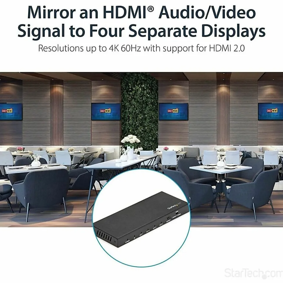 StarTech.com 4 Port HDMI Splitter - 4K 60Hz - 1x4 Way HDMI 2.0 Splitter - HDR - ST124HD202 - Displays the same image with sound on 4 screens