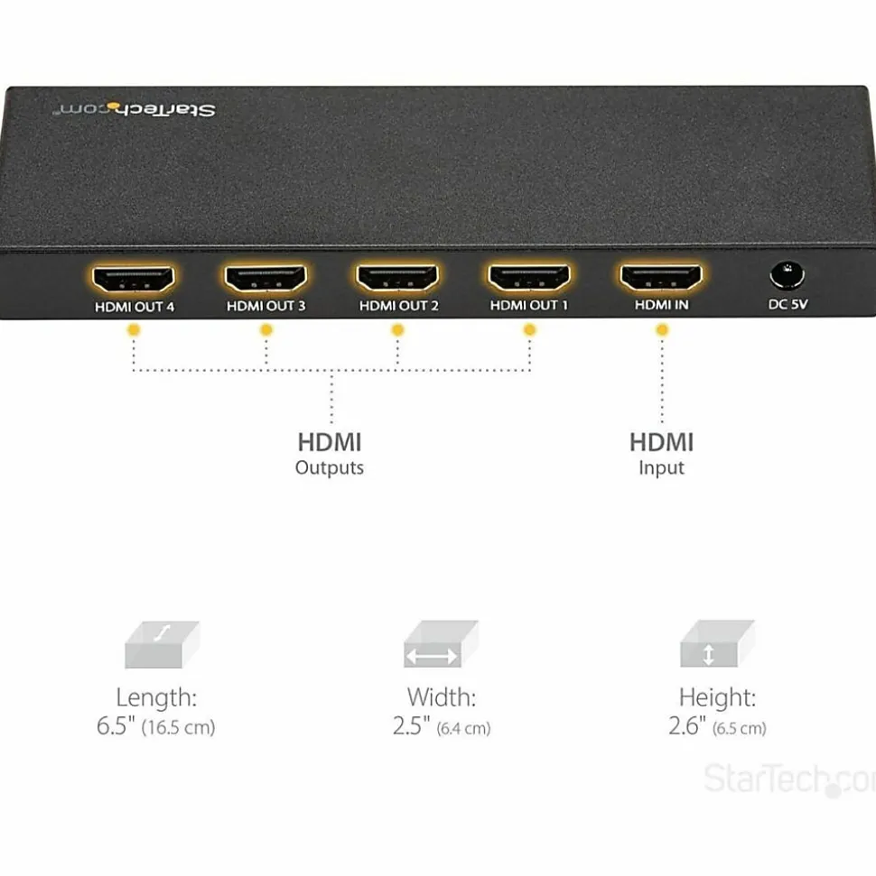 StarTech.com 4 Port HDMI Splitter - 4K 60Hz - 1x4 Way HDMI 2.0 Splitter - HDR - ST124HD202 - Displays the same image with sound on 4 screens