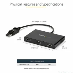 StarTech.com 3-Port Multi Monitor Adapter, DisplayPort to 3x HDMI MST Hub, Triple 1080p, Video Splitter for Extended Desktop Mode, Windows