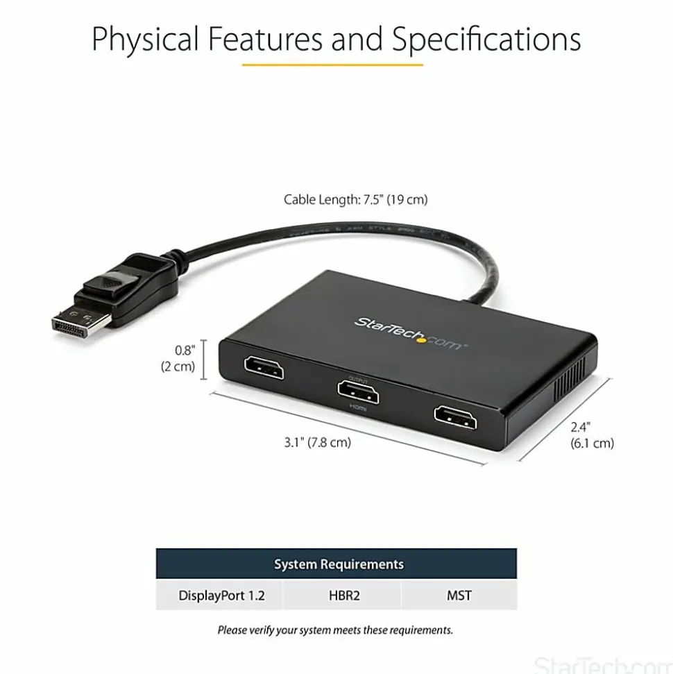 StarTech.com 3-Port Multi Monitor Adapter, DisplayPort to 3x HDMI MST Hub, Triple 1080p, Video Splitter for Extended Desktop Mode, Windows