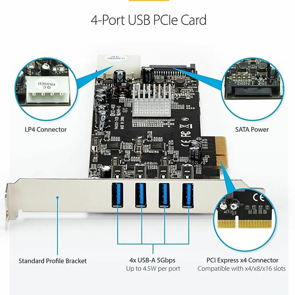 StarTech.com 4 Port PCI Express (PCIe) SuperSpeed USB 3.0 Card Adapter w/ 4 Dedicated 5Gbps Channels - PEXUSB3S44V