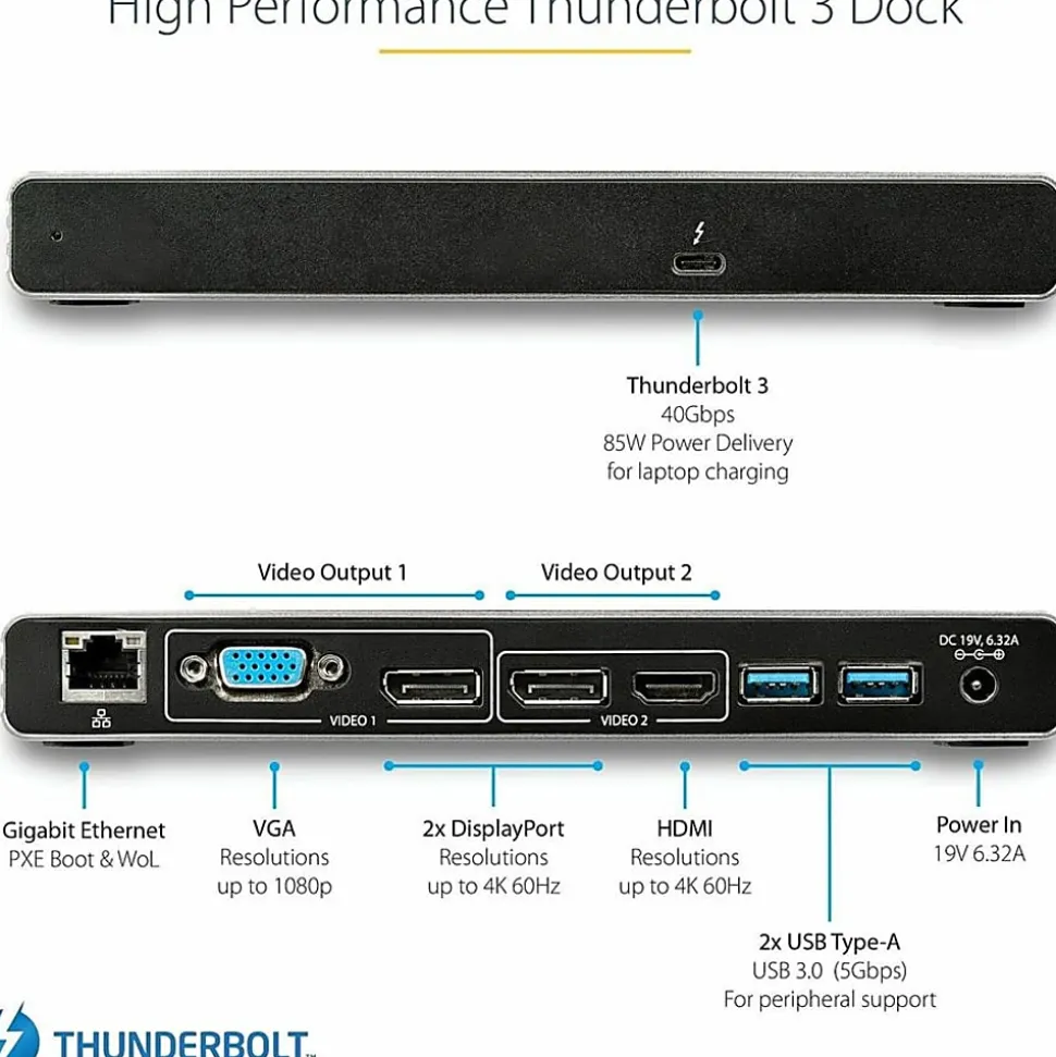 StarTech.com Thunderbolt 3 Dock - For MacBook Pro & Windows - Dual 4K 60Hz Thunderbolt 3 Docking Station - TB3DK2DHV