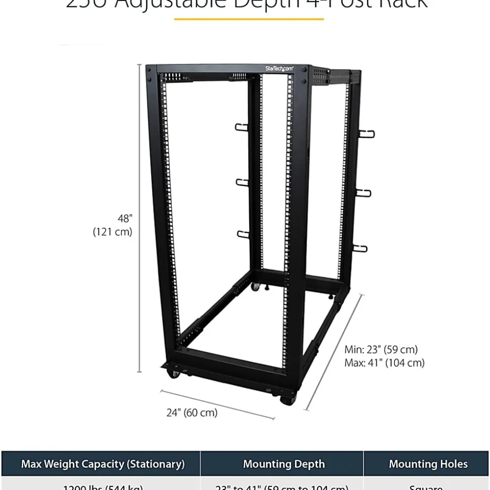 StarTech.com 25U Adjustable Depth Open Frame 4 Post Server Rack w/ Casters/Levelers and Cable Management Hooks - - 4POSTRACK25U