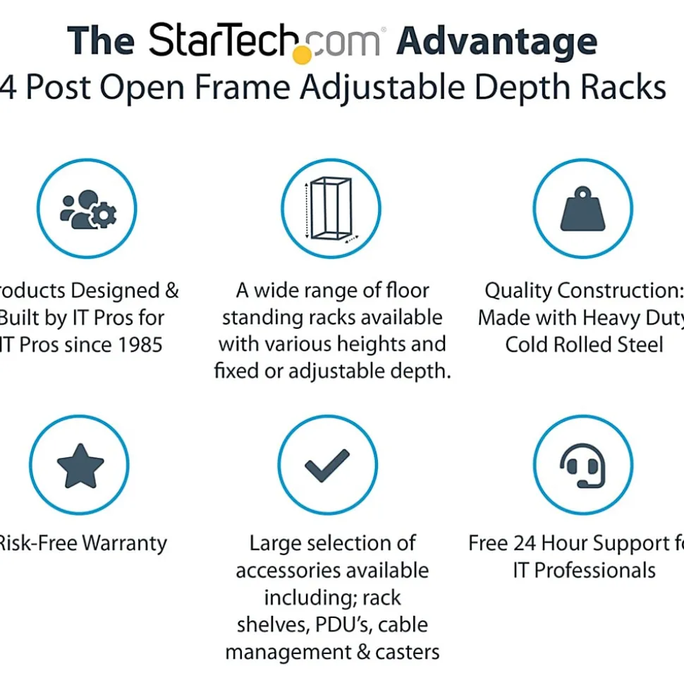 StarTech.com 25U Adjustable Depth Open Frame 4 Post Server Rack w/ Casters/Levelers and Cable Management Hooks - - 4POSTRACK25U