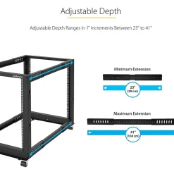 StarTech.com 25U Adjustable Depth Open Frame 4 Post Server Rack w/ Casters/Levelers and Cable Management Hooks - - 4POSTRACK25U