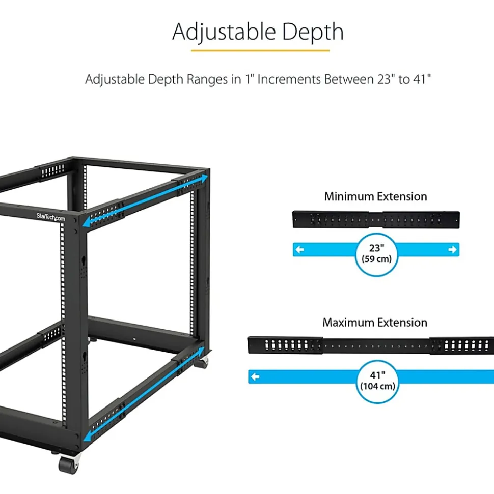StarTech.com 25U Adjustable Depth Open Frame 4 Post Server Rack w/ Casters/Levelers and Cable Management Hooks - - 4POSTRACK25U