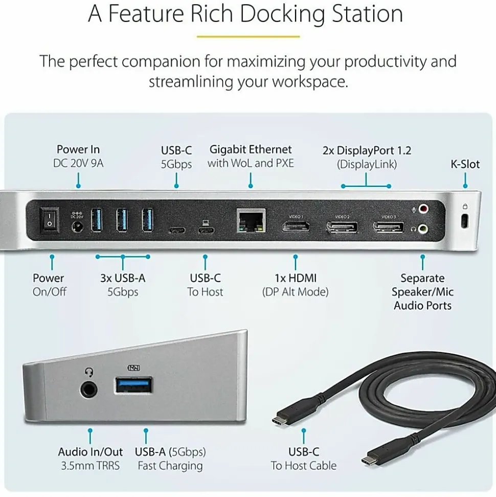 StarTech.com USB C Dock - Compatible with Windows/macOS - Supports Triple 4K Ultra HD Monitors - 60W Power Delivery - DK30CH2DPPD