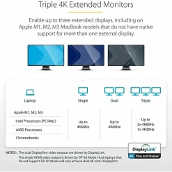 StarTech.com USB C Dock - Compatible with Windows/macOS - Supports Triple 4K Ultra HD Monitors - 60W Power Delivery - DK30CH2DPPD