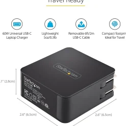StarTech.com USB C Wall Charger, 60W PD with 6ft/2m Cable, Portable USB Type C Laptop Charger, Universal Adapter, USB IF/ETL Certified - WCH1CBK