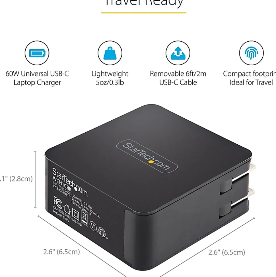 StarTech.com USB C Wall Charger, 60W PD with 6ft/2m Cable, Portable USB Type C Laptop Charger, Universal Adapter, USB IF/ETL Certified - WCH1CBK