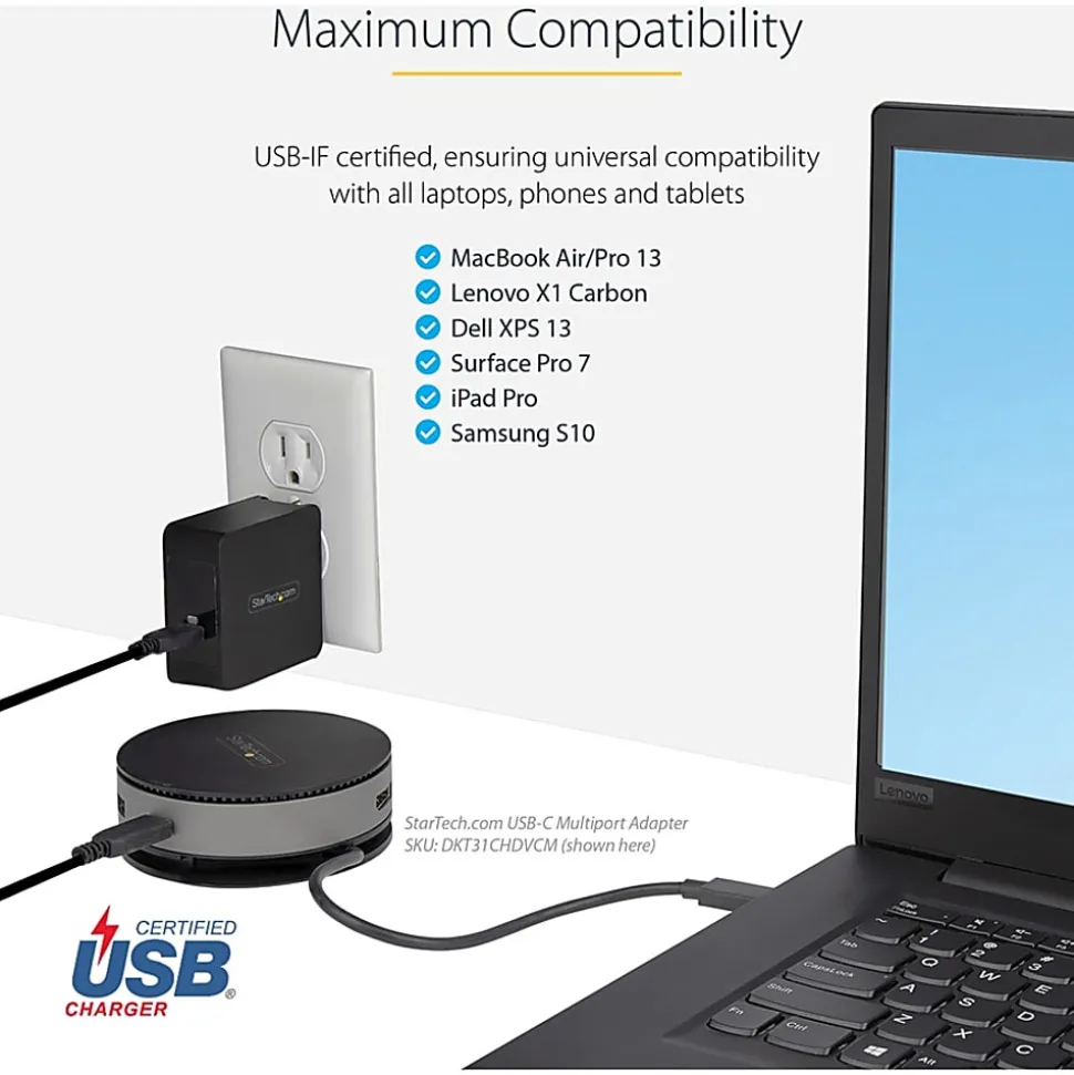 StarTech.com USB C Wall Charger, 60W PD with 6ft/2m Cable, Portable USB Type C Laptop Charger, Universal Adapter, USB IF/ETL Certified - WCH1CBK