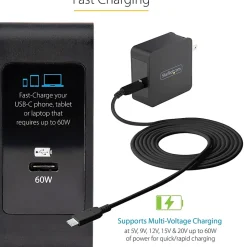 StarTech.com USB C Wall Charger, 60W PD with 6ft/2m Cable, Portable USB Type C Laptop Charger, Universal Adapter, USB IF/ETL Certified - WCH1CBK