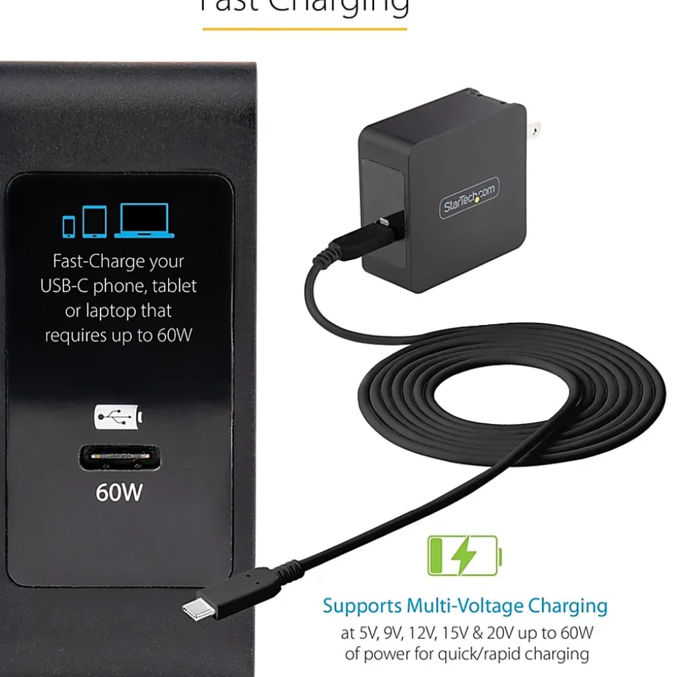 StarTech.com USB C Wall Charger, 60W PD with 6ft/2m Cable, Portable USB Type C Laptop Charger, Universal Adapter, USB IF/ETL Certified - WCH1CBK