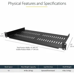 StarTech.com 1U Vented Server Rack Cabinet Shelf - Fixed 10in Deep Cantilever Rackmount Tray for 19