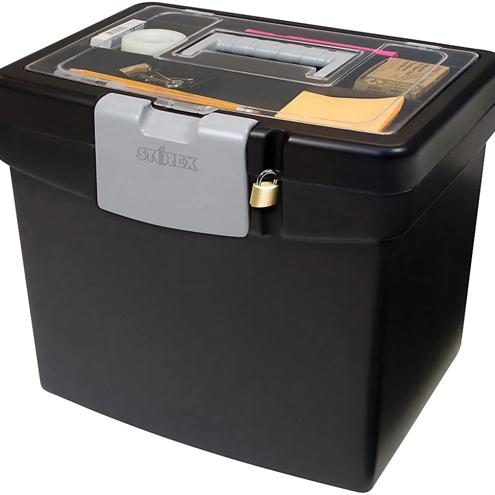 Storex Medium-Duty Portable File Storage Box With XL Lid, Letter Size, 10-15/16"L x 13-5/16"W x 11"H, 100% Recycled, Black