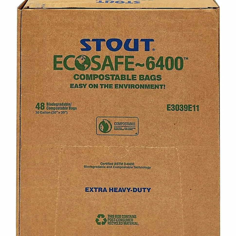 Stout® EcoSafe-6400 Compostable Compost Bags, 0.85 mil, 64-Gallon, Green, Box Of 30