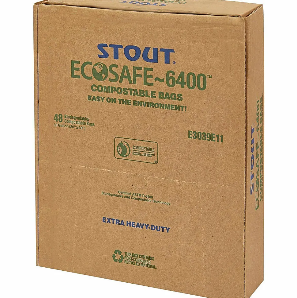 Stout® EcoSafe-6400 Compostable Compost Bags, 0.85-mil, 48 Gallons, 42" x 48", Green, Box Of 40