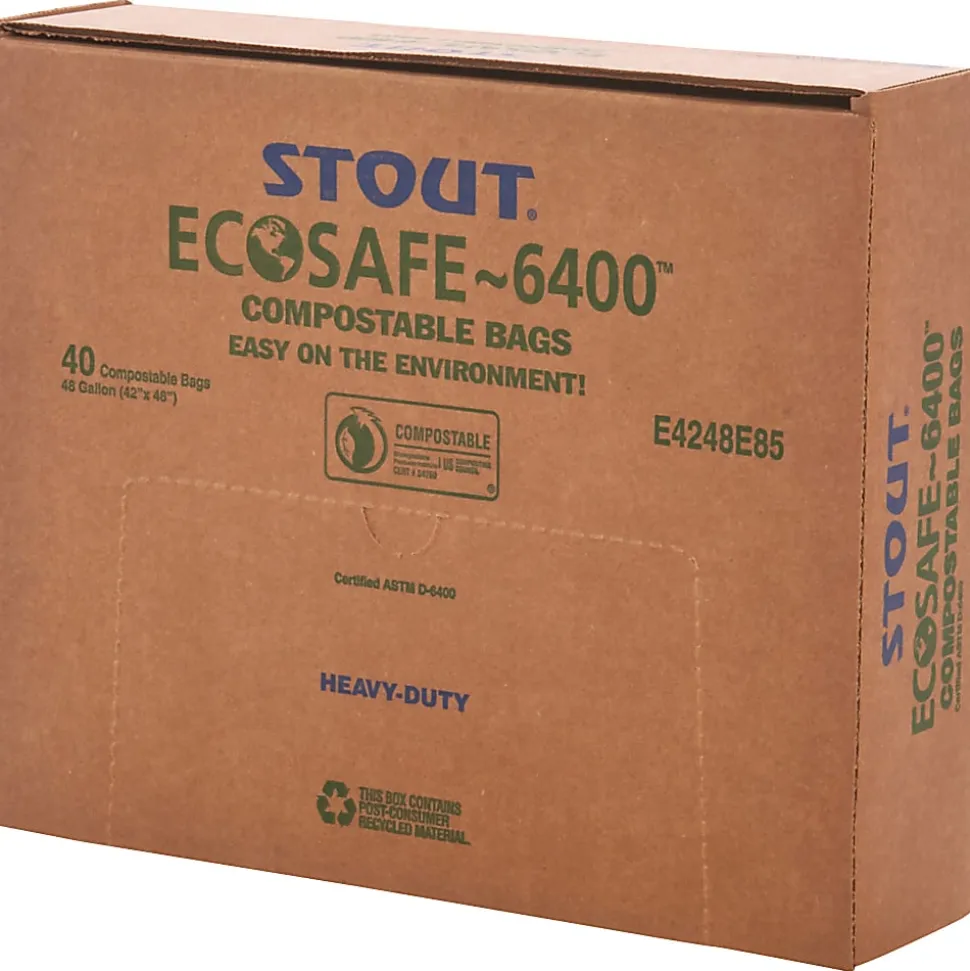 Stout® EcoSafe-6400 Compostable Compost Bags, 0.85-mil, 48 Gallons, 42" x 48", Green, Box Of 40
