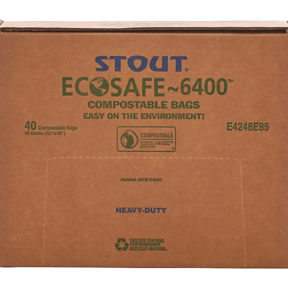 Stout® EcoSafe-6400 Compostable Compost Bags, 0.85-mil, 48 Gallons, 42" x 48", Green, Box Of 40