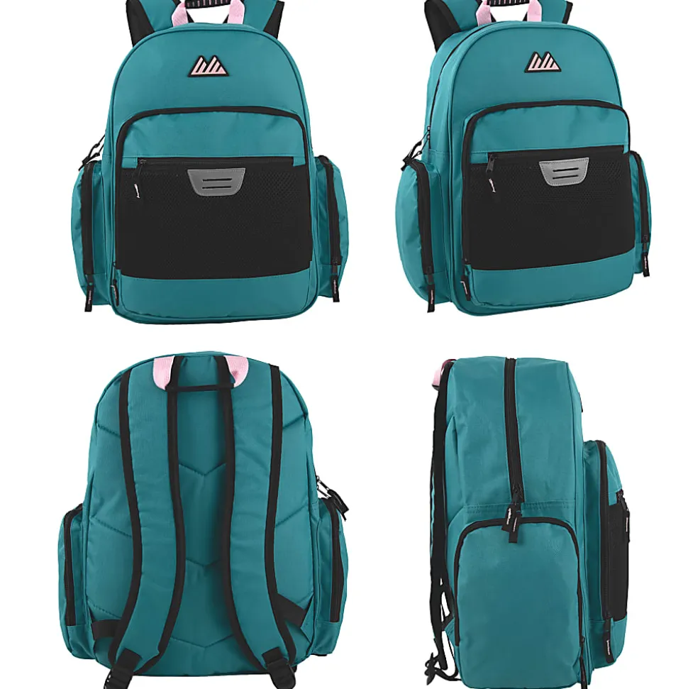 Summit Ridge Multi-Pocket Reflective Collegiate Backpacks With 45-Piece School Supply Kits, Pink/Teal, Total Qty 24