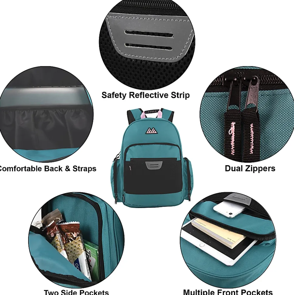 Summit Ridge Multi-Pocket Reflective Collegiate Backpacks With 45-Piece School Supply Kits, Pink/Teal, Total Qty 24