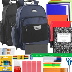 Summit Ridge Multi-Pocket Reflective Collegiate Backpacks With 45-Piece School Supply Kits, Black/Blue, Total Qty 24
