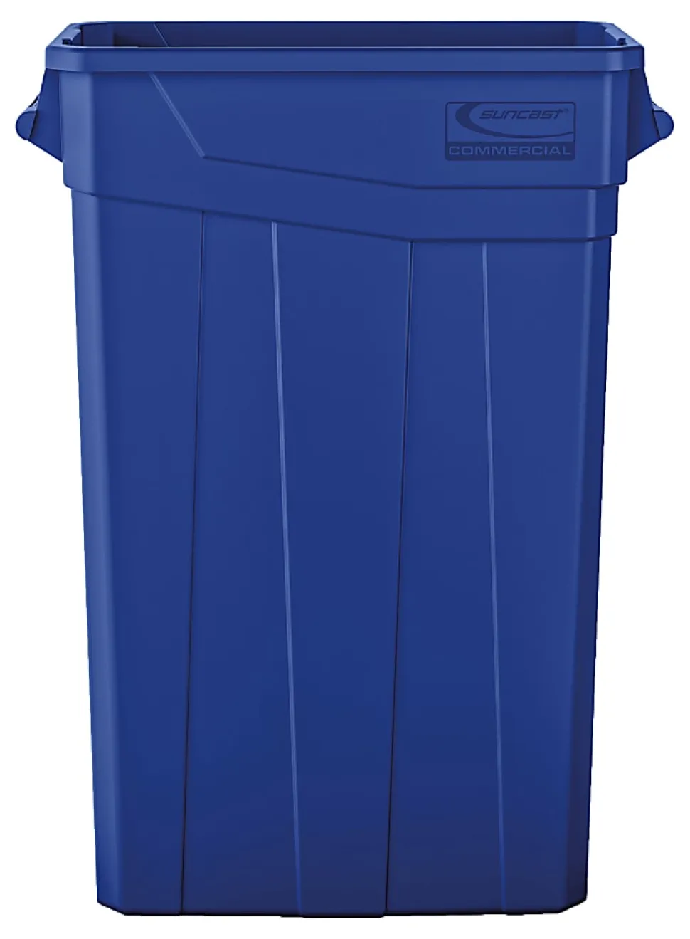 Suncast Commercial Narrow Rectangular Resin Trash Can, With Handles, 23 Gallons, 30"H x 11"W x 22"D, Blue Recycle