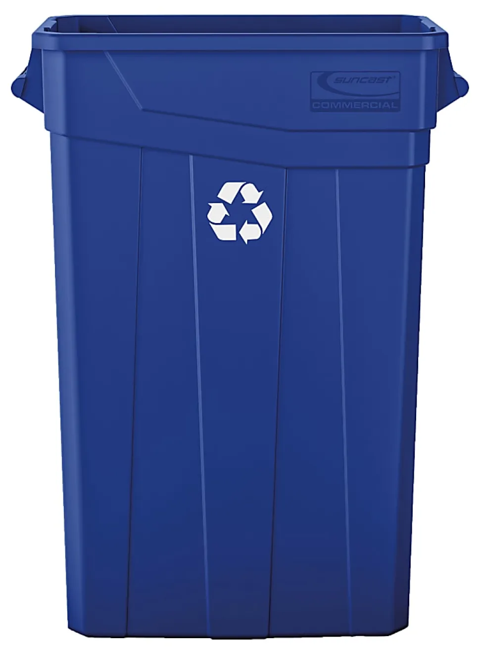 Suncast Commercial Narrow Rectangular Resin Trash Can, With Handles, 23 Gallons, 30"H x 11"W x 22"D, Blue Recycle