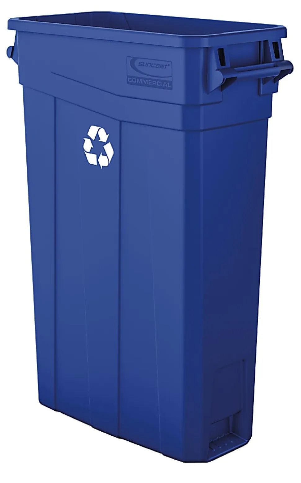 Suncast Commercial Narrow Rectangular Resin Trash Can, With Handles, 23 Gallons, 30"H x 11"W x 22"D, Blue Recycle