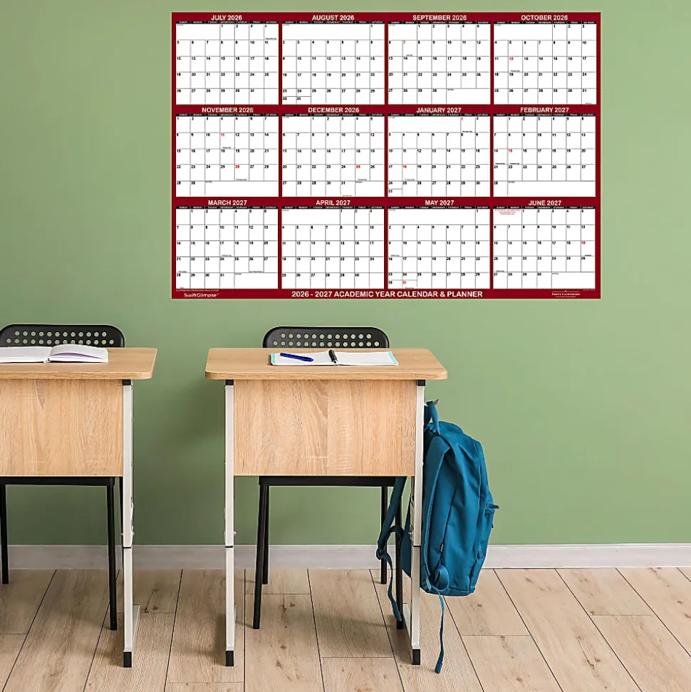 2026-2027 SwiftGlimpse Academic Monthly Wall Calendar, 18" x 24", Maroon/White, July To June, Total Qty 1