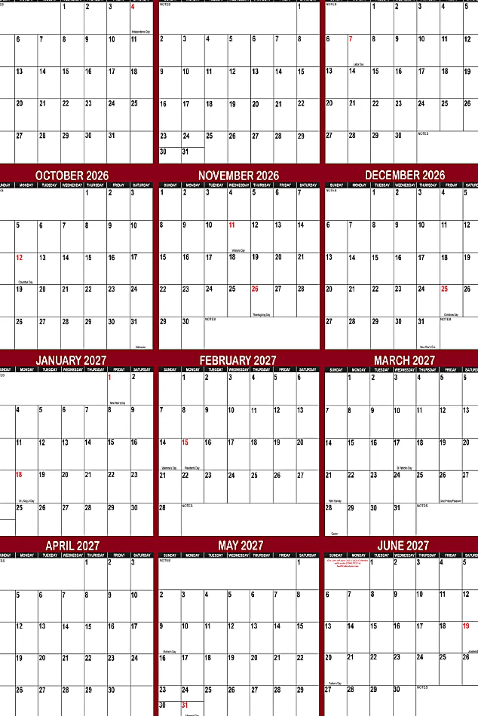 2026-2027 SwiftGlimpse Academic Monthly Wall Calendar, 18" x 24", Maroon/White, July To June, Total Qty 1