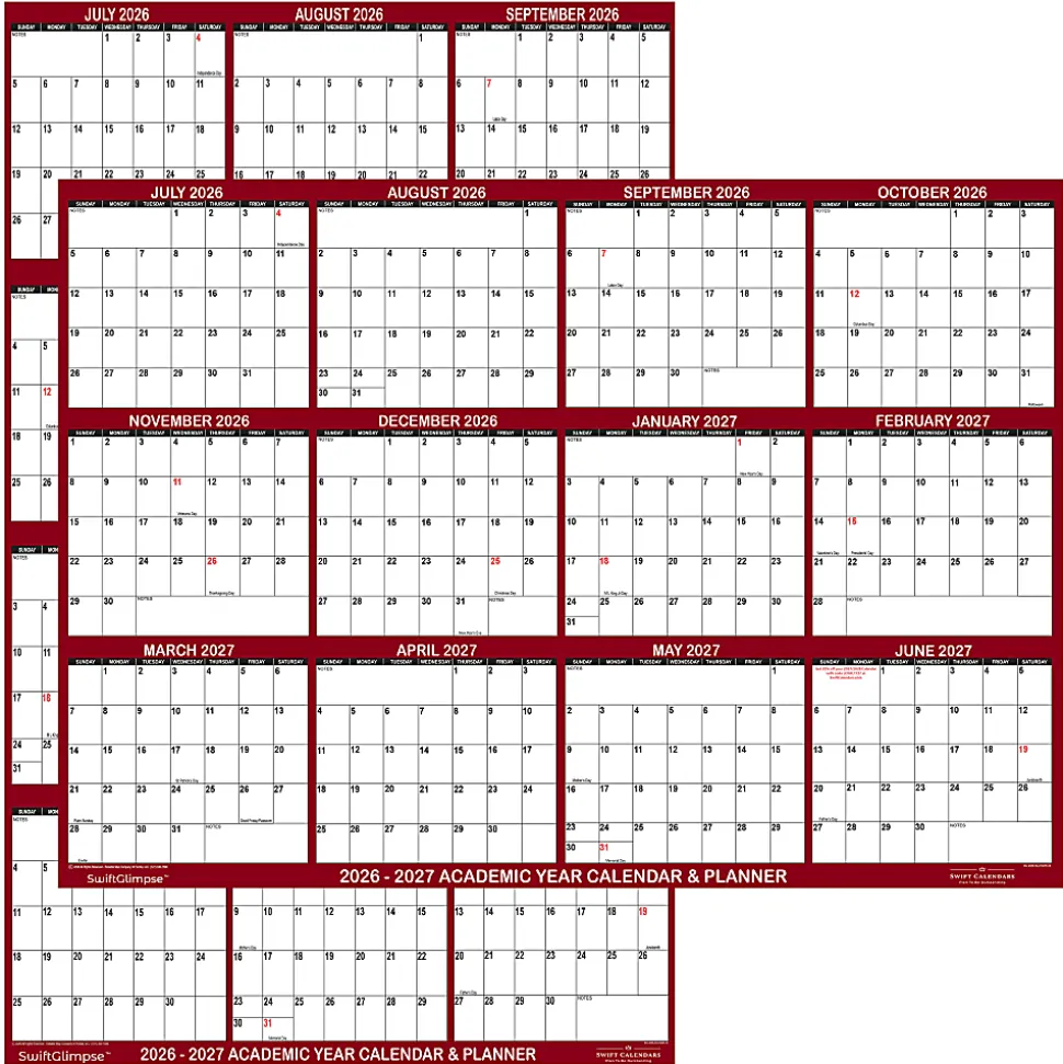 2026-2027 SwiftGlimpse Academic Monthly Wall Calendar, 18" x 24", Maroon/White, July To June, Total Qty 1