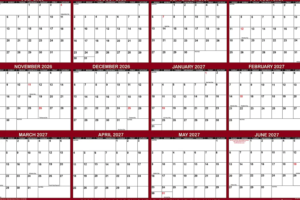 2026-2027 SwiftGlimpse Academic Monthly Wall Calendar, 18" x 24", Maroon/White, July To June, Total Qty 1
