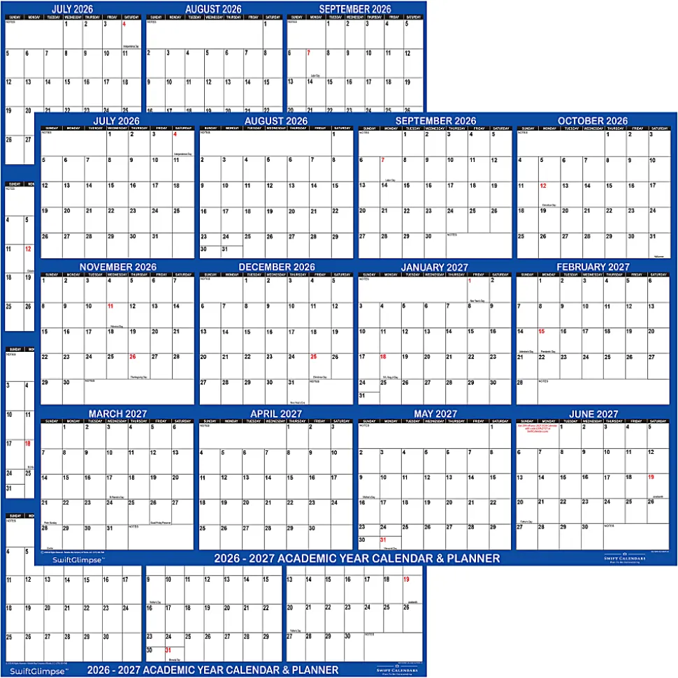 2026-2027 SwiftGlimpse Academic Monthly Wall Calendar, 18" x 24", Navy/White, July To June, Total Qty 1