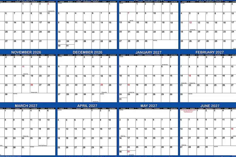 2026-2027 SwiftGlimpse Academic Monthly Wall Calendar, 18" x 24", Navy/White, July To June, Total Qty 1