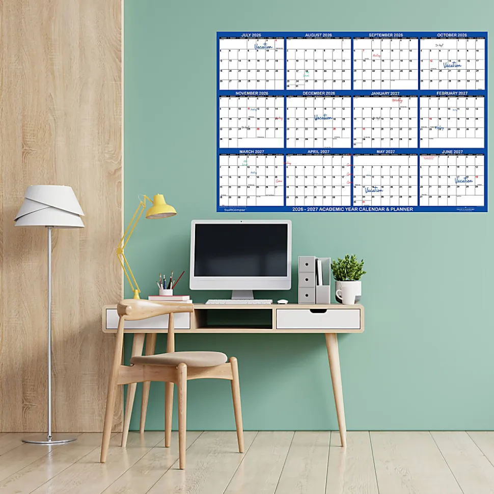 2026-2027 SwiftGlimpse Academic Monthly Wall Calendar, 18" x 24", Navy/White, July To June, Total Qty 1