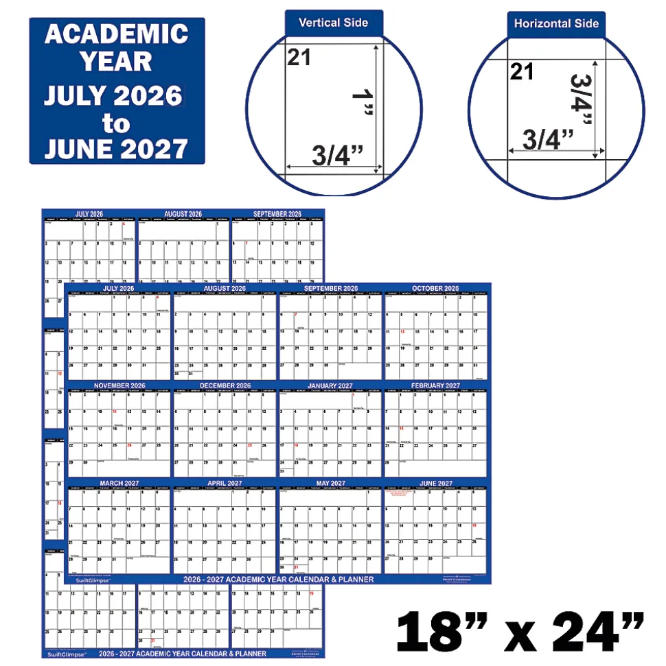 2026-2027 SwiftGlimpse Academic Monthly Wall Calendar, 18" x 24", Navy/White, July To June, Total Qty 1