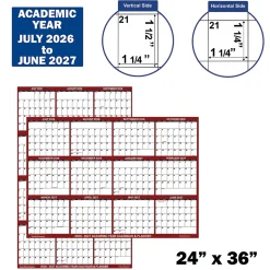 2026-2027 SwiftGlimpse Academic Monthly Wall Calendar, 36” x 24", Maroon/White, July To June, Total Qty 1
