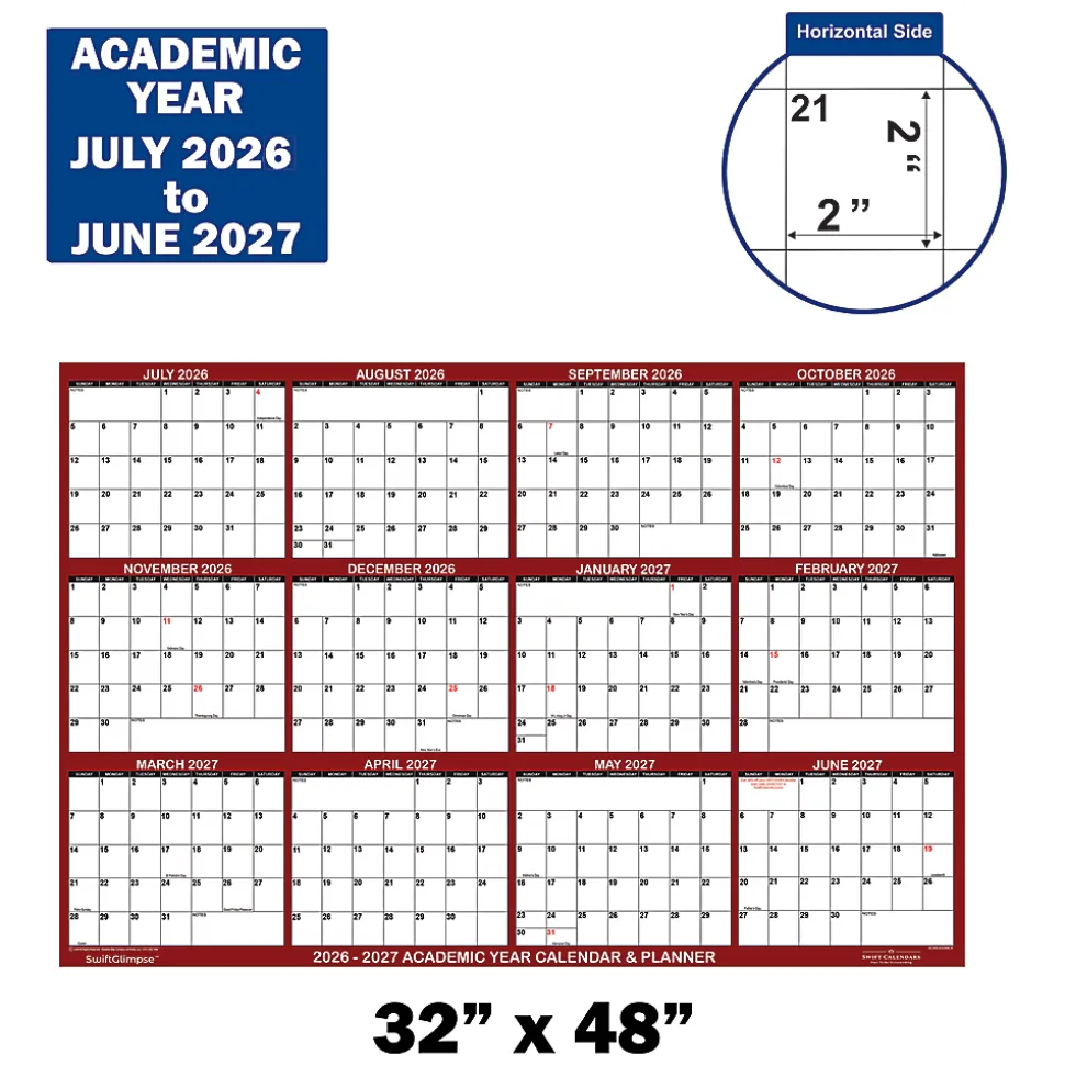 2026-2027 SwiftGlimpse Academic Monthly Wall Calendar, 32” x 48", Maroon/White, July To June, Total Qty 1