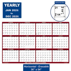 2026 SwiftGlimpse Yearly Erasable Wall Calendar, 36" x 54", White/Maroon, January To December