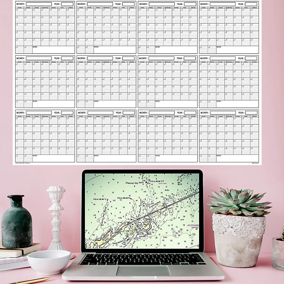 SwiftGlimpse Yearly Wall Calendar Planner, 36” x 48”, Black/White, Undated