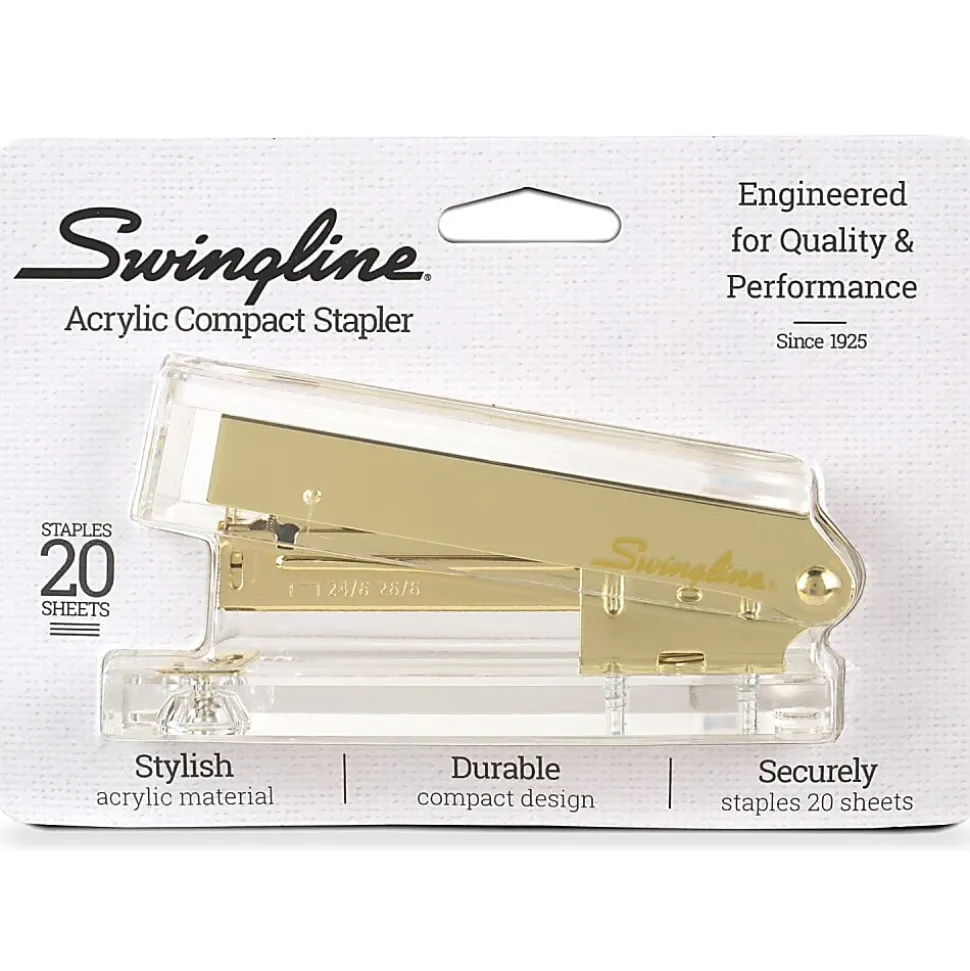 Swingline® Compact Acrylic Stapler, 20 Sheets, Half Strip, Clear/Gold