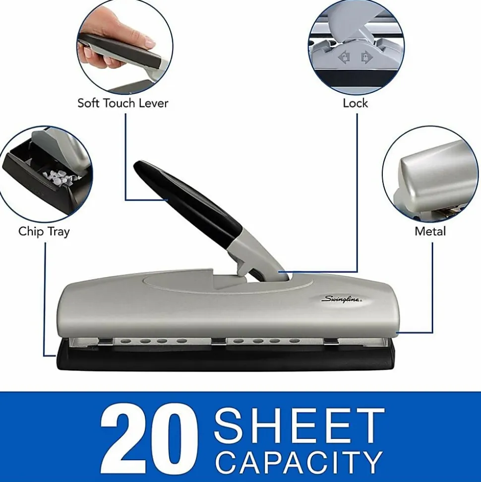 Swingline® LightTouch® High-Capacity Paper Punch, Black/Silver